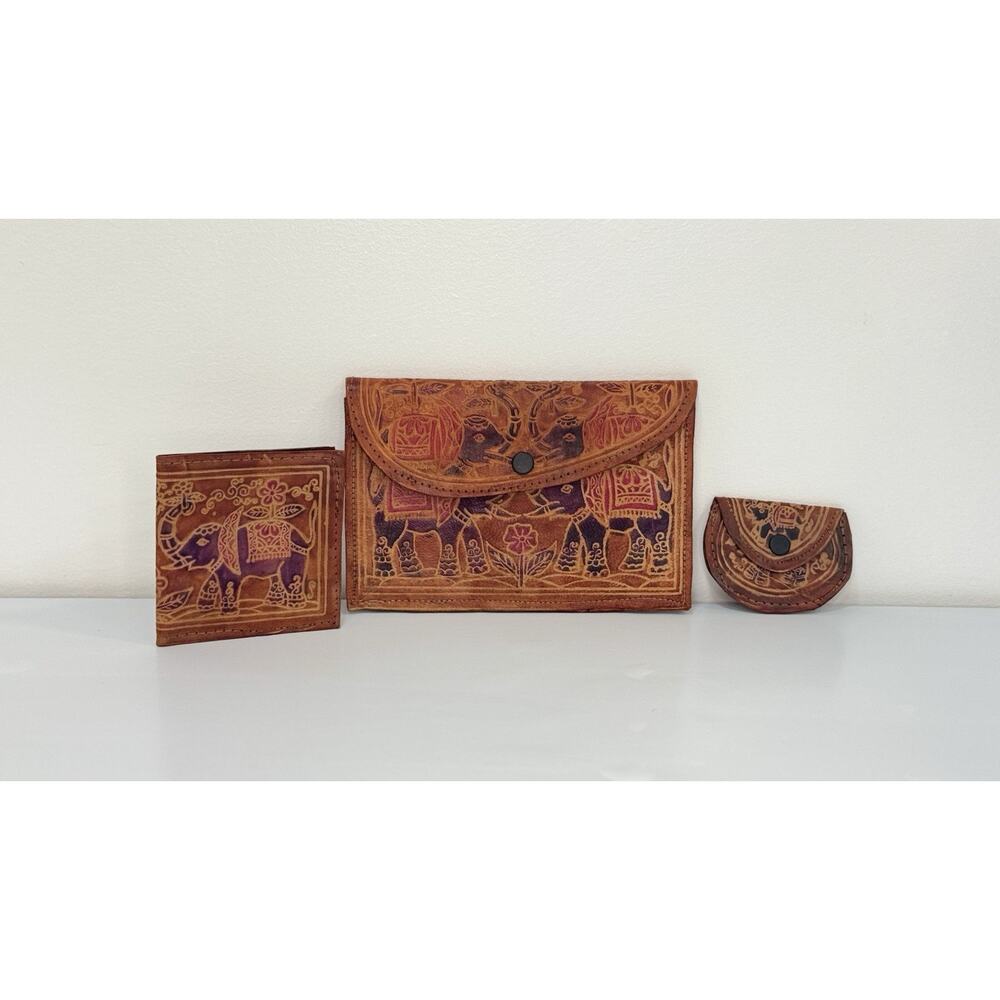 Vintage 3-Piece Leather Elephant Clutch Wallet Coin Hand Tooled India - Picture 12 of 12